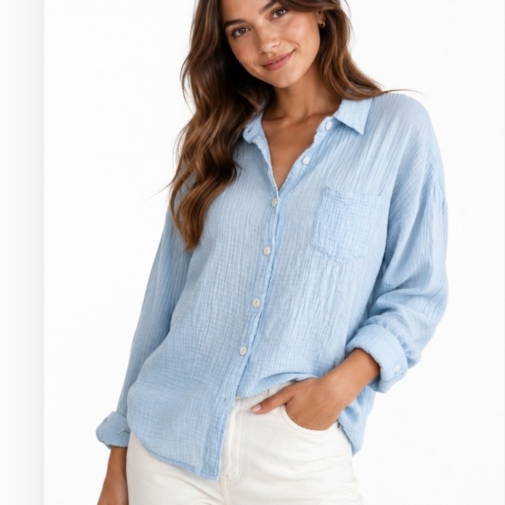 Automet Medium Light Blue Double Gauze Button Down Shirt Long Sleeve  Top